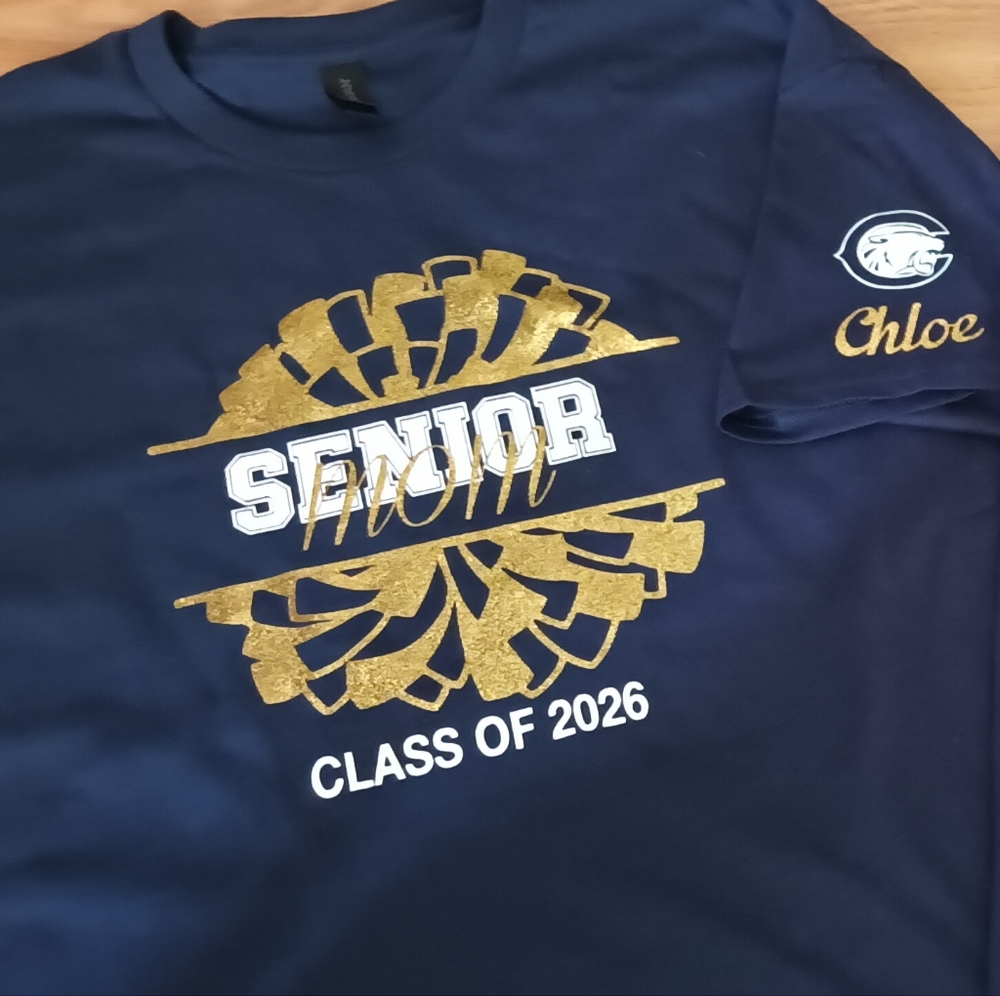 Navy Senior Mom T-Shirt with Gold and White Design